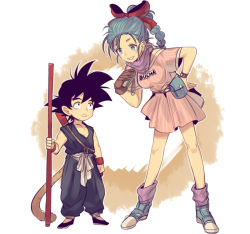 Rule 34 | 1boy, 1girl, bad id, bad pixiv id, belt, belt pouch, black hair, blue eyes, blue hair, bow, braid, bulma, child, clothes writing, dragon ball, eye contact, gloves, grin, hair bow, looking at another, monkey tail, open mouth, pouch, scarf, shoes, short hair, simple background, single braid, single glove, smile, sneakers, socks, son goku, spiked hair, staff, standing, stere o, tail, wristband