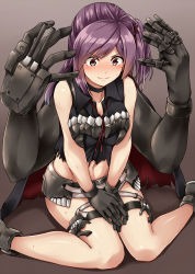 Rule 34 | &gt;:), 1girl, abyssal ship, ahoge, bare shoulders, belt, black footwear, black gloves, black vest, blush, breasts squeezed together, breasts, choker, cleavage, closed mouth, collarbone, commentary request, cosplay, covering privates, covering crotch, destroyer water oni, destroyer water oni (cosplay), embarrassed, full-face blush, gloves, hagikaze (kancolle), hair ribbon, highres, kamelie, kantai collection, knees together feet apart, long hair, machinery, medium breasts, midriff, navel, nervous smile, no legwear, no pants, no socks, purple hair, red ribbon, ribbon, shoes, side ponytail, sitting, sleeveless, smile, solo, stomach, sweat, thigh strap, v-shaped eyebrows, v arms, vest, wariza, yellow eyes
