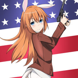 Rule 34 | 1girl, american flag, american flag background, animal ears, artist request, ass, blue eyes, blush, breasts, charlotte e. yeager, gun, handgun, jacket, jpeg artifacts, large breasts, long hair, looking at viewer, luger p08, no pants, orange hair, panties, pistol, rabbit ears, red jacket, smile, strike witches, tail, underwear, weapon, white panties, world witches series