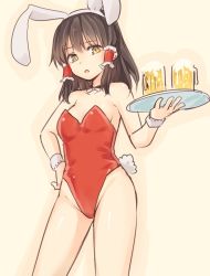 Rule 34 | 1girl, :o, alcohol, alternate costume, alternate eye color, animal ears, beer, beige background, beige outline, black hair, breasts, brown background, collarbone, cowboy shot, cup, fake animal ears, fake tail, groin, hair tubes, hairband, hakurei reimu, hand on own hip, hand up, holding, holding tray, leotard, long hair, looking at viewer, miyo (ranthath), mug, neck ribbon, outline, parted lips, playboy bunny, rabbit ears, rabbit tail, ribbon, sidelocks, simple background, small breasts, solo, standing, tail, thighs, touhou, tray, white hairband, white ribbon, wrist cuffs, yellow eyes