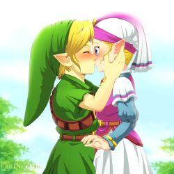 Rule 34 | 1boy, 1girl, absurdres, artist name, backlighting, belt, blonde hair, blue eyes, blush, bracelet, child, closed eyes, collaboration, commentary, dress, english commentary, from side, general-link, green headwear, hetero, highres, jewelry, juliet sleeves, kiss, lady fantasma, link, long sleeves, mixed-language commentary, nintendo, pointy ears, princess zelda, puffy sleeves, spanish commentary, the legend of zelda, the legend of zelda: ocarina of time, tree, watermark, young link, young zelda