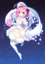 Rule 34 | 1girl, :d, ahoge, azur lane, bouquet, bow, bridal veil, commentary request, corset, dress, flower, gloves, hair bow, hair ribbon, hairband, high heels, highres, jewelry, long hair, looking at viewer, necklace, open mouth, pantyhose, pink eyes, pink flower, pink hair, pink rose, pumps, ribbon, rose, saratoga (azur lane), silveroid, sky, smile, solo, star (sky), starry sky, twintails, veil, wedding dress, white dress, white gloves, white pantyhose