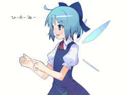 Rule 34 | 1girl, :d, ahoge, blue bow, blue dress, blue eyes, blue hair, bow, cirno, dress, female focus, hair bow, ice, ice wings, matching hair/eyes, open mouth, shirohanamame taichou, shirohanamametaichou, simple background, smile, solo, touhou, translated, white background, wings