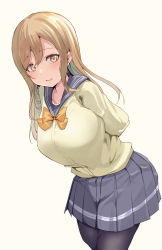 Rule 34 | 1girl, absurdres, arms behind back, artist name, artist request, black pantyhose, blush, bow, bowtie, breasts, brown eyes, brown hair, catfish (pixiv), collarbone, eyebrows, female focus, grey sailor collar, grey skirt, hair between eyes, highres, kunikida hanamaru, large breasts, light brown hair, long hair, long sleeves, looking at viewer, love live!, love live! sunshine!!, matching hair/eyes, miniskirt, orange bow, orange bowtie, pantyhose, parted lips, plaid, plaid skirt, pleated, pleated skirt, sailor collar, school uniform, skirt, sleeves past wrists, smile, solo, sweater, sweater vest, uranohoshi school uniform, vest, white background, yellow eyes, yellow sweater, yellow vest