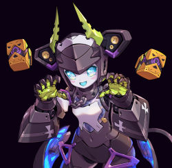 Rule 34 | 1girl, black background, black hair, black skirt, blue eyes, blue sclera, blunt bangs, broken, broken chain, chain, claw pose, collar, colored sclera, cowboy shot, cube, dia (world flipper), facial mark, fang, female focus, flat chest, floating, floating object, glowing, hair ornament, hairband, hands up, happy, leaning forward, looking at viewer, microskirt, miniskirt, navel, official alternate costume, open mouth, pencil skirt, revision, short hair, sidelocks, simple background, skin fang, skirt, smile, solo, speaker, standing, taedu, transparent, vambraces, white hairband, world flipper