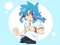 Rule 34 | 1boy, artist name, bead bracelet, beads, black pants, blouse, blue-haired boy (how to draw manga), blue background, blue eyes, blue hair, blue theme, blush, bracelet, clenched hand, closed mouth, cowboy shot, cropped legs, hair intakes, hair tie, hands up, happy, highres, holding, holding pencil, how to draw manga, how to draw manga redraw challenge (meme), jewelry, long hair, looking at viewer, male focus, matching hair/eyes, meme, pants, pencil, ponytail, sami briggs, shirt, short sleeves, sidelocks, signature, simple background, smile, solo, spiked hair, standing, twitter username, two-tone background, white shirt