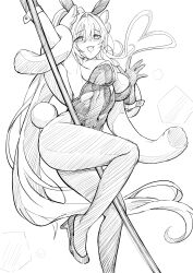 Rule 34 | :d, ang, animal ears, blush, bow, bowtie, breasts, cleavage, detached collar, earrings, fake animal ears, fake tail, feather boa, gloves, goddess of victory: nikke, greyscale, hair ornament, high heels, highleg, highleg leotard, jewelry, large breasts, leg up, leotard, long hair, looking at viewer, monochrome, official alternate costume, open mouth, pantyhose, playboy bunny, pole, pole dancing, ponytail, rabbit ears, rabbit tail, rupee (nikke), rupee (rabbit deluxe) (nikke), smile, strapless, strapless leotard, tail, yougenko