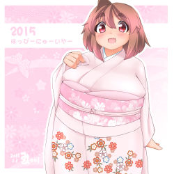 Rule 34 | 10s, 1girl, 2015, :d, ahoge, blush, breasts, brown hair, eno konoe, eyebrows, fat, happy new year, huge breasts, japanese clothes, kimono, mikomu, new year, obese, obi, open mouth, original, red eyes, sash, short hair, smile, solo, thick eyebrows, translation request