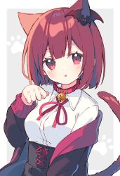 Rule 34 | 1girl, animal collar, animal ears, bat hair ornament, bell, blunt bangs, bob cut, border, breasts, brown hair, cat ears, cat girl, cat tail, collar, collared shirt, corset, grey background, hair ornament, highres, jacket, unworn jacket, light blush, long sleeves, looking at viewer, medium breasts, neck bell, off shoulder, open mouth, original, outside border, paw pose, red eyes, red neckwear, shirt, short hair, simple background, solo, tail, upper body, white shirt, zoirun