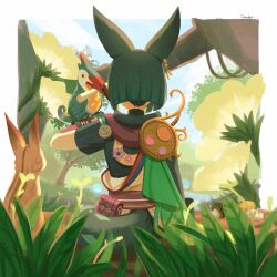 Rule 34 | 1boy, 39 iduki, animal ears, animal on arm, asymmetrical sleeves, bird, bird on arm, blue sky, blunt ends, border, cape, cloud, commentary request, day, earrings, facing away, flower, fox, fox boy, fox ears, fox tail, from behind, fungi (genshin impact), genshin impact, grass, green cape, green hair, highres, hood, hood down, hoodie, jewelry, log, long sleeves, male focus, medal, multicolored clothes, mushroom, outdoors, outside border, oversized flower, pink flower, plant, pouch, purple flower, purple sash, sash, scroll, short hair, short sleeves, single earring, sitting, sitting on log, sky, solo, tail, tighnari (genshin impact), tree, vines, water, white border, yellow flower