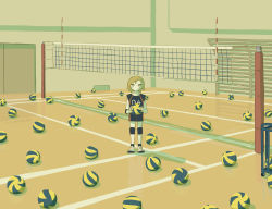 Rule 34 | 1other, absurdres, ambiguous gender, avogado6, ball, commentary request, highres, holding, holding ball, indoors, jersey, knee pads, looking at viewer, original, shoes, short shorts, shorts, solo, sportswear, standing, volleyball, volleyball (object), volleyball net, volleyball uniform, white eyes, wide shot