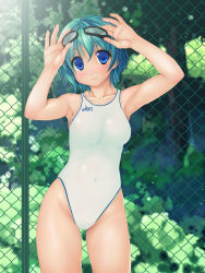 Rule 34 | 1girl, aqua hair, armpits, arms up, asics, bare shoulders, blue eyes, chain-link fence, competition swimsuit, fence, goggles, highres, ishii akira, navel, one-piece swimsuit, see-through, short hair, smile, solo, swimsuit