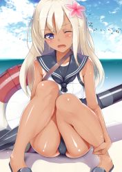 Rule 34 | 10s, 1girl, beach, blonde hair, blue eyes, blue sky, blush, cloud, crop top, crotch, day, flower, hair flower, hair ornament, henet hene, kantai collection, knees together feet apart, lifebuoy, long hair, looking at viewer, neckerchief, ocean, one eye closed, open mouth, outdoors, ro-500 (kancolle), sailor collar, school swimsuit, shiny skin, sitting, sky, slippers, solo, swim ring, swimsuit, swimsuit under clothes, tan, tanline, thighs, torpedo