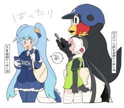 Rule 34 | 10s, 1other, 2girls, aqua eyes, aqua hair, bag, character request, chunichi dragons, collared shirt, commentary request, eye contact, flat color, gloves, highres, holding, kemono friends, layered sleeves, long hair, long sleeves, looking at another, miniskirt, multicolored hair, multiple girls, necktie, nippon professional baseball, nishiki kazue, open mouth, pleated skirt, profile, raised eyebrows, royal penguin (kemono friends), shirt, short over long sleeves, short sleeves, shoulder bag, skirt, speech bubble, thick eyebrows, thighhighs, tokyo yakult swallows, translation request, twintails, very long hair, white gloves, white legwear, white neckwear, wing collar