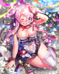 Rule 34 | 1girl, :d, asymmetrical legwear, bare shoulders, beer mug, black ribbon, blue eyes, breasts, churrasco, confetti, crying, cup, dress, falkyrie no monshou, festival, frilled dress, frills, glasses, large breasts, long hair, mismatched legwear, muffin (falkyrie no monshou), mug, official art, one eye closed, open mouth, pink hair, pink ribbon, ribbon, sitting, smile, thighhighs, thighs, wet