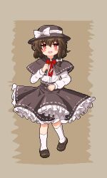 Rule 34 | 1girl, :d, absurdres, black capelet, black hat, black skirt, blush stickers, bow, bowtie, brown background, brown footwear, brown hair, capelet, chinese commentary, commentary request, frilled skirt, frills, full body, hair bow, hand up, hat, hat bow, high-waist skirt, highres, kneehighs, long sleeves, looking at viewer, neko4xmata (mao zhuo), open mouth, partial commentary, petticoat, pink eyes, pixel art, red bow, red bowtie, ribbon-trimmed capelet, ribbon-trimmed skirt, ribbon trim, shirt, shoes, short hair, simple background, skirt, smile, socks, solo, standing, touhou, usami renko, white bow, white shirt, white socks
