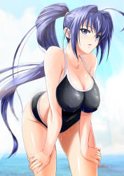 Rule 34 | 00s, 1girl, blue eyes, blue hair, breasts, cleavage, competition school swimsuit, competition swimsuit, hayase mitsuki, highres, huge breasts, kimi ga nozomu eien, long hair, one-piece swimsuit, ponytail, school swimsuit, swimsuit, tnonizyou, wet