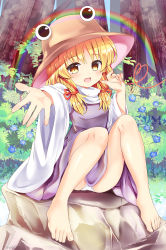 Rule 34 | 1girl, absurdres, barefoot, blonde hair, blue flower, blush, brown headwear, commentary request, dress, flower, hair ribbon, hand up, heart, heart of string, highres, knees up, long hair, long sleeves, looking at viewer, moriya suwako, open mouth, outdoors, outstretched arm, panties, pantyshot, purple dress, rainbow, ramudia (lamyun), reaching, reaching towards viewer, red ribbon, ribbon, rock, shirt, sidelocks, sitting, solo, thighs, touhou, tree, underwear, white panties, white shirt, wide sleeves, yellow eyes