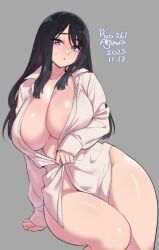Rule 34 | 1girl, :o, agawa ryou, areola slip, arm support, artist name, black eyes, black hair, bottomless, breasts, collared shirt, commentary, dated, dress shirt, english commentary, furrowed brow, grey background, invisible chair, large breasts, leaning to the side, long hair, long sleeves, looking at viewer, naked shirt, no bra, original, parted lips, shiny skin, shirt, simple background, sitting, solo, sweatdrop, thick thighs, thighs, white shirt, wide hips