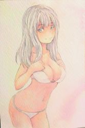 Rule 34 | 1girl, bikini, breasts, cleavage, collarbone, cowboy shot, grey eyes, hands on own chest, highres, large breasts, light smile, looking at viewer, navel, original, painting (medium), pink background, silver hair, solo, swimsuit, traditional media, watercolor (medium), white bikini, yuyu (00365676)