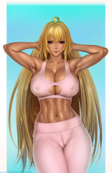 Rule 34 | 1girl, abs, arm behind head, arm up, armpits, arms behind head, arms up, bare shoulders, blonde hair, blush, breasts, cameltoe, cleavage, covered erect nipples, dark-skinned female, dark skin, gyaru, highres, large breasts, limgae, long hair, looking at viewer, midriff, muscular, muscular female, navel, pants, red eyes, shikishima mirei, sleeveless, smile, solo, sports bra, stomach, thighs, toned, valkyrie drive, valkyrie drive -mermaid-