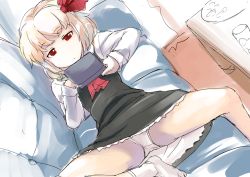 Rule 34 | 1girl, ascot, blonde hair, couch, expressionless, female focus, handheld game console, lying, no shoes, on back, panties, pantyshot, red eyes, rumia, short hair, sinzan, socks, solo, touhou, underwear, white panties