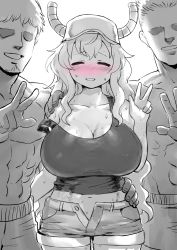 Rule 34 | 10s, 1girl, 2boys, ^ ^, ^o^, abs, baseball cap, blush, breasts, cleavage, closed eyes, collarbone, dragon girl, dragon horns, closed eyes, faceless, faceless male, greyscale, hand on another&#039;s shoulder, hand on own hip, hat, highres, horns, huge breasts, imminent rape, kisuu, kobayashi-san chi no maidragon, long hair, looking at viewer, lucoa (maidragon), monochrome, multiple boys, navel, short shorts, shorts, simple background, smile, standing, strap slip, surrounded, sweat, tank top, topless, unbuttoned, v, white background, you gonna get raped