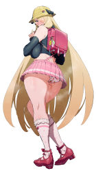 Rule 34 | 1girl, absurdres, ass, backpack, bag, blonde hair, blush, breasts, breasts squeezed together, colored condom, condom, creatures (company), crime prevention buzzer, crop top, cynthia (pokemon), food print, game freak, grey eyes, hair ornament, hair over one eye, hat, highres, ishii takamori, kindergarten bag, kindergarten uniform, large breasts, long hair, looking at viewer, multiple condoms, nintendo, panties, pantyshot, pokemon, pokemon dppt, print panties, pussy juice, pussy juice drip through clothes, pussy juice trail, randoseru, school hat, shoes, skirt, socks, solo, steam, strawberry panties, strawberry print, sweat, thighs, underwear, very long hair, white background