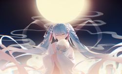 Rule 34 | 1girl, ame (10286367), backlighting, bad id, bad pixiv id, blue hair, blue nails, chinese clothes, chuushuu meigetsu miku, closed eyes, facing viewer, floral print, flower, full moon, hagoromo, hair flower, hair ornament, hair tassel, hand fan, hatsune miku, highres, holding, holding fan, light smile, long hair, moon, nail polish, night, night sky, outdoors, paper fan, red skirt, robe, shawl, skirt, sky, solo, standing, tassel, tassel hair ornament, twintails, uchiwa, upper body, very long hair, vocaloid, white flower, white robe, wide sleeves