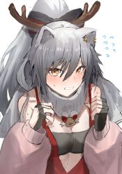 Rule 34 | 1girl, animal ears, arknights, bare shoulders, bell, black bow, blush, bow, breasts, cat ears, cleavage, clenched teeth, flying sweatdrops, grey hair, hair between eyes, hair bow, high ponytail, highres, horn/wood, long hair, long sleeves, looking at viewer, medium breasts, official alternate costume, orange eyes, parted lips, puffy long sleeves, puffy sleeves, schwarz (arknights), schwarz (presents) (arknights), solo, strapless, sweat, teeth, tube top, upper body, very long hair