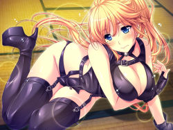 Rule 34 | 1girl, anna belmonte, bare shoulders, black gloves, blonde hair, blue eyes, blush, boots, breast hold, breasts, cleavage, embarrassed, covered erect nipples, female focus, fingerless gloves, game cg, garter belt, garter straps, gloves, large breasts, legs, lingerie, long hair, looking away, lying, marushin (denwa0214), mole, on side, ponytail, sleeveless, solo, sparkle, supokon! sports wear complex, tatami, thigh boots, thighhighs, thighs, underwear, zipper