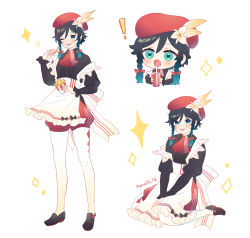 !, 1boy, absurdres, alternate costume, apron, argyle, argyle legwear, ascot, bangs, black hair, blue hair, blush, braid, chibi, cup, disposable cup, drinking straw, eyebrows visible through hair, flower, food, french fries, frilled apron, frilled sleeves, frilled suspenders, frills, full body, genshin impact, gradient hair, green eyes, hair between eyes, hair ribbon, hana97 58, hat, hat flower, highres, holding, holding cup, holding food, leaf, long sleeves, looking at viewer, maid, maid apron, male focus, multicolored hair, one eye closed, open mouth, red headwear, ribbon, shoes, short hair with long locks, simple background, sitting, smile, solo, sparkle, standing, teeth, twin braids, venti (genshin impact), wariza, white background, white flower, white legwear
