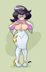 Rule 34 | 10s, 1girl, breasts, clothes lift, creatures (company), dahs, game freak, glasses, green eyes, highres, nintendo, pokemon, pokemon sm, purple hair, solo, sweater, sweater lift, wicke (pokemon)