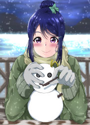 Rule 34 | 1girl, absurdres, artist request, blue hair, blush, bow, bridge, female focus, gloves, green bow, green sweater, hair ornament, hairclip, highres, holding, long sleeves, looking at viewer, love live!, love live! sunshine!!, matsuura kanan, purple eyes, scarf, smile, snow, snowman, solo, sweater