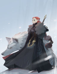 Rule 34 | a song of ice and fire, absurdres, asanee tejasakulsin, braid, cape, facepaint, fur trim, game of thrones, ghost (a song of ice and fire), green eyes, highres, red hair, sansa stark, skirt, snow, sword, weapon, wolf