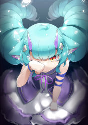 Rule 34 | 1girl, ahoge, animal ear fluff, animal ears, blue hair, blunt bangs, bracelet, closed mouth, delmin (show by rock!!), drill hair, floating hair, frown, hair ornament, hand up, hinotama (hinotama422), horns, jewelry, light blue hair, long hair, multicolored eyes, one eye closed, purple horns, purple ribbon, purple sailor collar, red eyes, ribbon, sailor collar, show by rock!!, solo, tears, v-shaped eyebrows, very long hair, wiping tears, yellow eyes