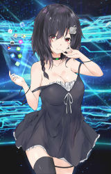 Rule 34 | 1girl, absurdres, apple inc., bare shoulders, black dress, black hair, black thighhighs, bracelet, braid, breasts, cellphone, choker, cleavage, compass, creatures (company), dress, fate/grand order, fate (series), game freak, hair ornament, hairclip, highres, icon (computing), iphone, jewelry, large breasts, line (naver), long hair, looking at viewer, musical note, nintendo, off shoulder, original, personification, phone, pokemon, pokemon go, red eyes, saku (kudrove), single braid, single thighhigh, smartphone, solo, star (symbol), strap slip, symbol-shaped pupils, thighhighs, twitter
