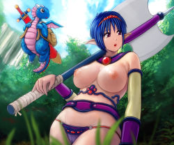 Rule 34 | 1girl, axe, bag, blue hair, borurun, breasts, cameltoe, cloud, day, detached sleeves, double bladed axe, dragon, elf, fantasy, groin, hairband, large breasts, looking back, mini dragon, nipples, open mouth, original, panties, pointy ears, purple eyes, sheath, sheathed, short hair, sky, solo, sword, underwear, weapon