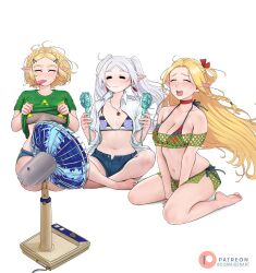 Rule 34 | 3girls, :3, = =, absurdres, alternate costume, artist name, barefoot, bikini, blonde hair, blue shorts, blush, braid, breasts, choker, closed eyes, clothes lift, commentary, contemporary, crossover, dangle earrings, dismaiden, dungeon meshi, earrings, electricity, elf, english commentary, feet, floating hair, food, food in mouth, frieren, green bikini, green shirt, hair ornament, hairclip, hand fan, highres, holding, holding fan, indian style, jewelry, kneeling, large breasts, long hair, marcille donato, multiple girls, navel, necklace, nintendo, patreon logo, patreon username, pointy ears, popsicle, popsicle in mouth, princess zelda, red choker, seiza, shirt, shirt lift, shorts, simple background, sitting, small breasts, soles, sousou no frieren, sweat, swimsuit, the legend of zelda, the legend of zelda: breath of the wild, thighs, triforce, twintails, underboob, white background, white hair