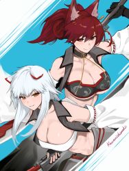 2girls absurdres akizuki_(17769498) animal_ears azur_lane bandeau black_bandeau black_gloves blue_background breasts brown_eyes chest_sarashi closed_mouth commentary_request cowboy_shot detached_sleeves fingerless_gloves fox_ears fox_girl gloves grey_skirt grey_vest highres hyuuga_(azur_lane) ise_(azur_lane) large_breasts long_hair looking_at_viewer multiple_girls open_clothes open_vest red_hair sarashi sidelocks skirt smile tiger_ears tiger_girl vest white_hair white_sleeves