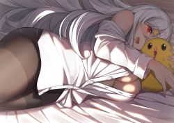 Rule 34 | 1girl, absurdres, azur lane, bed sheet, bird, black pantyhose, breasts, cleavage, collared shirt, graf zeppelin (azur lane), highres, large breasts, long hair, looking at viewer, lying, off shoulder, on side, open mouth, pantyhose, partially unbuttoned, red eyes, shirt, silver hair, solo, white shirt, yamanokami eaka