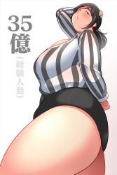 Rule 34 | 1girl, black eyes, black hair, blush, breasts, fat, highres, huge breasts, looking at viewer, shimejix, solo, thick thighs, thighs