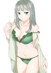 Rule 34 | 1girl, bow, bow bra, bra, breasts, closed mouth, commentary, cowboy shot, green bra, green eyes, green panties, green shirt, grey hair, highres, large breasts, light blush, light frown, long sleeves, looking at viewer, medium hair, navel, no pants, off shoulder, original, panties, raitho, shirt, simple background, solo, standing, strap slip, string panties, underwear, white background