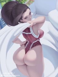 Rule 34 | 1girl, armpits, ass, back, bare shoulders, black eyes, black hair, blurry, boku no hero academia, breasts, depth of field, from above, hand on own hip, hand up, high ponytail, large breasts, legs together, leotard, letdie1414, long hair, ponytail, smile, solo, standing, thighs, tight clothes, watermark, web address, yaoyorozu momo