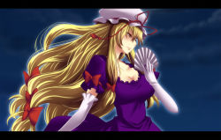 Rule 34 | 1girl, blonde hair, bow, breasts, cleavage, dress, elbow gloves, hand fan, folding fan, gloves, hair bow, hat, hat ribbon, large breasts, letterboxed, lips, long hair, ribbon, narrow waist, solo, touhou, very long hair, white gloves, yagami (mukage), yakumo yukari, yellow eyes