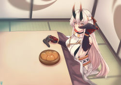 Rule 34 | 1girl, absurdres, bow, breasts, controller, elbow gloves, fate/grand order, fate (series), food, game controller, gloves, hair bow, headband, highres, holding, holding controller, holding game controller, horns, kotatsu, large breasts, long hair, looking at viewer, oni horns, ootato, playstation controller, red bow, red eyes, red gloves, religious offering, sideboob, silver hair, sitting, smile, solo, table, tomoe gozen (fate), very long hair, white headband