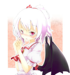 Rule 34 | 1girl, alternate hairstyle, ascot, bat wings, black wings, blouse, blush, border, brooch, collared shirt, colored eyelashes, d:, embarrassed, fidgeting, frilled shirt collar, frilled sleeves, frills, from side, gem, hair ribbon, hair up, hands up, highres, index fingers together, jewelry, light purple hair, looking at viewer, looking to the side, open mouth, outline, outside border, own hands clasped, own hands together, parted lips, ponytail, puffy short sleeves, puffy sleeves, purple shirt, red ascot, red background, red eyes, red ribbon, remilia scarlet, ribbon, santa (kaisou hikuutei), shirt, short hair, short ponytail, short sleeves, sleeve ribbon, solo, swept bangs, touhou, upper body, white border, white hair, white outline, wing collar, wings