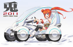 Rule 34 | 10s, 1girl, 2011, bare shoulders, blue eyes, car, detached sleeves, driving, fukukitaru, motor vehicle, new year, original, red hair, science fiction, solo, thighhighs, twintails, vehicle, vehicle focus