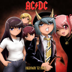Rule 34 | 5girls, ac/dc, akemi homura, album cover, album cover redraw, blonde hair, brown eyes, cover, demon tail, derivative work, drill hair, hands in pockets, hat, highway to hell, horns, jewelry, kaname madoka, looking at viewer, mahou shoujo madoka magica, mahou shoujo madoka magica (anime), maroon hair, miki sayaka, multiple girls, necklace, necktie, one eye closed, open mouth, parody, photo-referenced, pink eyes, pink hair, purple eyes, sakura kyoko, shingyouji tatsuya, tail, tomoe mami, twin drills, twintails, yellow eyes