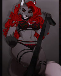 Rule 34 | animal ears, animal nose, domination, dominatrix, furry, furry female, jewelry, leash, leash pull, lingerie, looking at viewer, navel, necklace, red eyes, red hair, tail, teeth, underwear, vexstacy, wolf ears, wolf girl, wolf tail